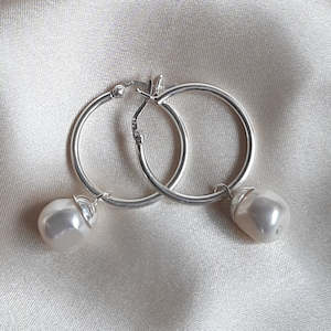 Megan - Swarovski crystal baroque pearl drop and 25mm sterling silver hoop earrings