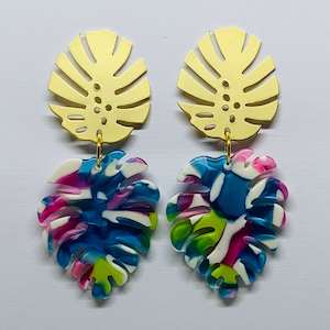 Golden & Blue Tortoiseshell Monstera Drop Earrings