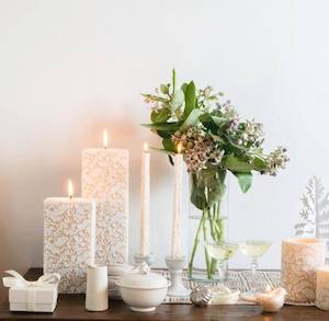 Home Fragrance: Natural Light - 15” Damask Leaf Square Pillar Ivory and White