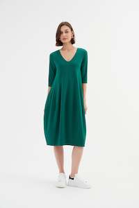 Tirelli V Neck Diagonal Seam Dress 24D3512 - Emerald