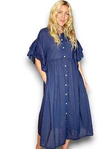 Helga May Bianca Cotton Front Button Frill Dress - Navy