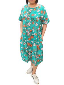 Womenswear: Glam Cotton Short Sleeve Dress 2406 - 1 Green Floral