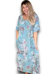 Helga May Scarlett Rose Button Sleeve Maxi Dress - Light Turquoise