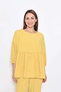 Womenswear: Cali & Co 3/4 Sleeve Pleated Cotton top CA2342 - Mustard