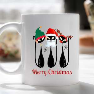 Atomic cat retro merry christmas mug with bouquet or treats