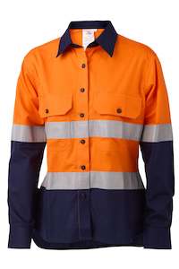 Daneunder Women's Long Sleeve Taped Safety/Work Shirt Orange & Navy