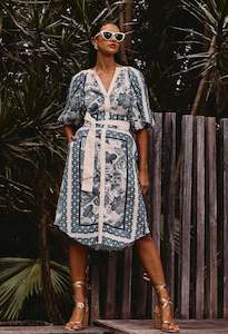 Bijou Linen Viscose Dress in Ink Flé Print