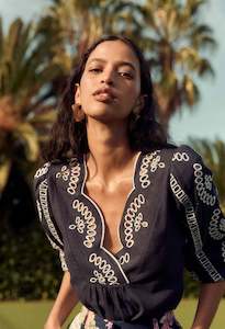 Womenswear: Morgan Embroidered Linen Viscose Blouse in Lapis