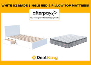 WHITE 2 DRAWER NZ MADE SINGLE SLAT BED & PILLOW TOP MATTRESS