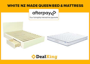 WHITE 2 DRAWER NZ MADE QUEEN SLAT BED & MATTRESS