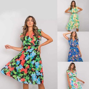 V-Neck Ruffle Sleeveless Flower Dress Women's