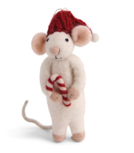 Gift: White Mouse with Candy Cane - Felted Wool Hanging Decoration