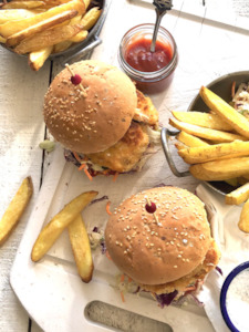 35 Minute Crispy Chicken Burgers with Oven Fries and Slaw