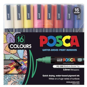 Internet only: Uni Posca Paint Marker Set, PC-5M, Set of 16 Markers, Assorted Colours, Medium Bullet Tip, 1.8-2.5mm