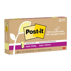 Post-it Recycled Super Sticky Pop Up Notes 76x76mm, Yellow, Pack of 6 x 100 shee…