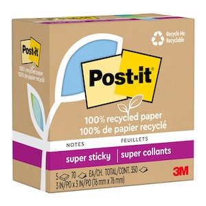 Post-it Recycled Super Sticky Notes 76x76mm, Oasis,  Pack of 5 x 100 sheets (654R-5SST)