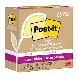 Post-it Recycled Super Sticky Notes 76x76mm, Yellow, Pack of 5 x 100 sheets (654R-5SSCY)