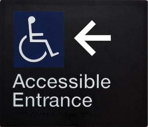 Accessible Entrance Sign Left-hand Arrow White On Black (Braille)