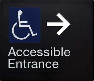 Black PVC Braille Signs: Accessible Entrance Sign Right-hand Arrow White On Black (Braille)