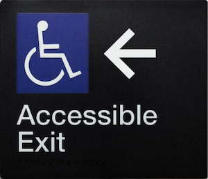 Black PVC Braille Signs: Accessible Exit Sign Left-hand Arrow White On Black (Braille)