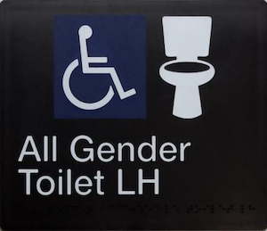 Black PVC Braille Signs: All Gender Toilet Left Hand Sign Accessible White On Black (Braille)