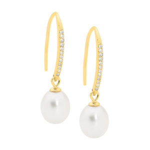 Jewellery: Sterling silver white cubic zirconia Drop Shp Hook Earrings w/ Freshwater Pearl