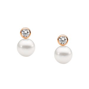 Sterling silver 4mm Bezel Set white cubic zirconia, 7mm Freshwater Pearl Earrings