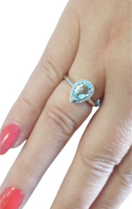 Pear Cut Aquamarine and Diamond Halo Ring 18ct White Gold