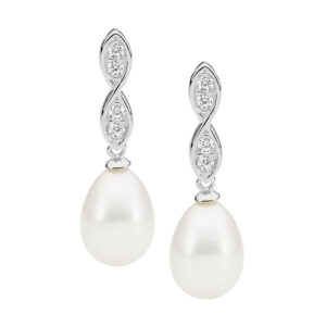 Sterling silver white cubic zirconia Twist Drop Earrings w/ Freshwater Pearl