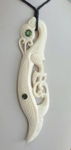 Large Bone Manaia carved Pendant with Paua