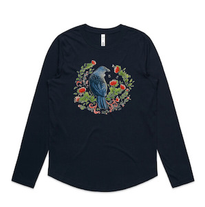 Womens Long Sleeve T Shirts: Christmas Party - Tui & Pohutukawa Tree long sleeve t shirt