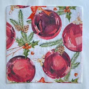 Napkin - Red Baubles on White