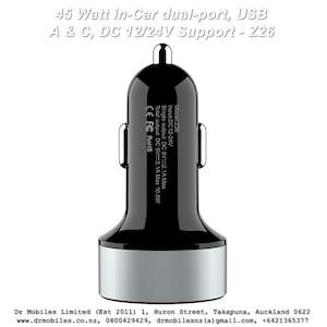 45 Watt in-Car dual-port, USB A & C, DC 12/24V Support - Z26