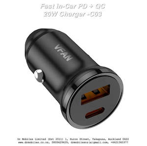 Fast in-Car PD + QC 20W Charger, USB "C" Port - C03