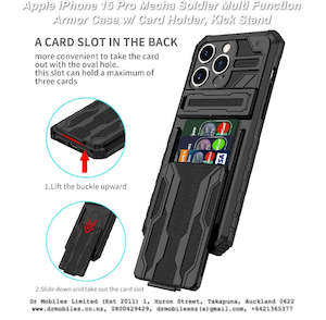 Telephone including mobile phone: Apple iPhone 15 Pro Mecha Soldier Multi Function Armor Case w/ Card Holder, Kick Stand