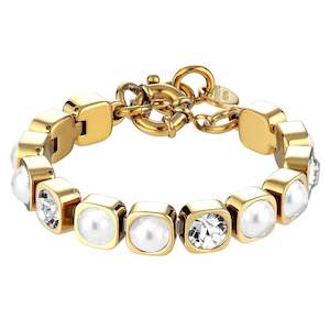 Bracelets: Conian Gold Tennis Bracelet - Crystal / White Pearl