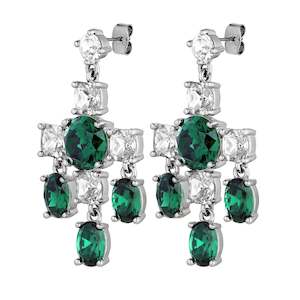 Leonora Shiny Silver Earrings - Emerald Green / Crystal