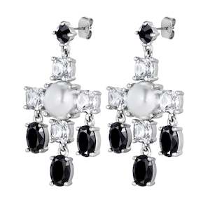 Leonora Shiny Silver Earrings - Crystal / Black