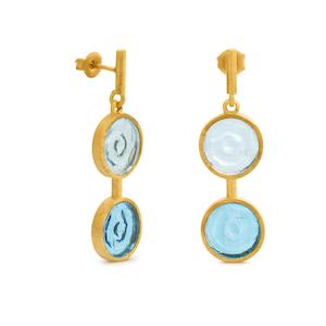 Gaudi Gold Stud Double Drop Earrings Pale Blue Glass