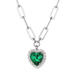 Simona Shiny Silver Necklace - Emerald Green / Crystal