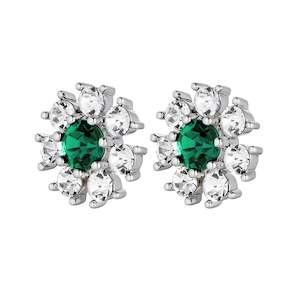 Aude Shiny Silver Earrings - Emerald Green / Crystal