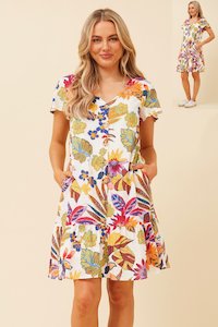 Dresses: VEE NECK BUTTON FRONT TROPICAL PRINT DRESS