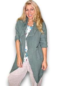 Long Drawstring Linen Jacket Forest