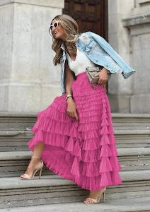 Fairytale Tiered Ruffle Tulle Mesh Skirt Hot Pink