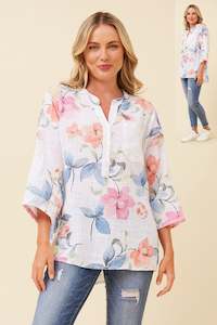 FLORAL LINEN HALF BUTTON UP TOP WHITE