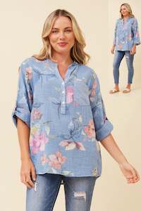 FLORAL LINEN HALF BUTTON UP TOP LIGHT DENIM