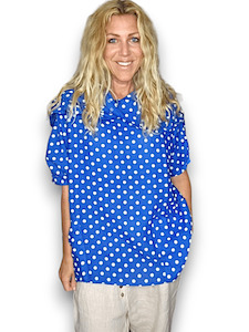 SPLIT COLLAR MOKU TOP LINEN POLKA DOT COBALT