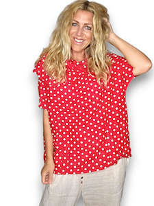 SPLIT COLLAR MOKU TOP LINEN POLKA DOT RED