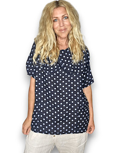 SPLIT COLLAR MOKU TOP LINEN POLKA DOT MIDNIGHT