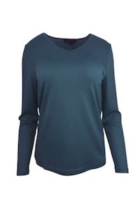 WOMENS 100% MERINO (210) LONG SLEEVE V NECK TOP INDI BLUE